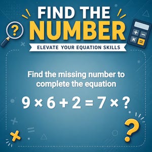May include: A blue graphic with the text "FIND THE NUMBER" in yellow and white. The image includes a magnifying glass, a calculator, and a question mark. The equation "9 x 6 + 2 = 7 x ?" is displayed.