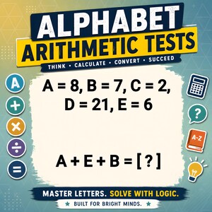 May include: An educational graphic titled ALPHABET ARITHMETIC TESTS with the text THINK CALCULATE CONVERT SUCCEED. It displays values A=8, B=7, C=2, D=21, E=6 and the equation A+E+B=[?]. Icons include math symbols, a calculator, and a lightbulb.