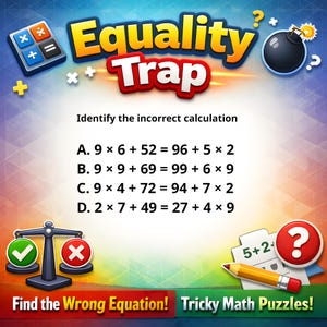 May include: A vibrant graphic for a math puzzle game, titled "Equality Trap." The image includes a calculator, bomb, and question marks. Text challenges players to find the incorrect calculation from four equations. A scale and checkmarks are also present.