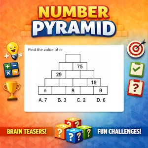 May include: A colorful graphic promoting a "Number Pyramid" brain teaser. The image features a pyramid-shaped math problem with the text "Find the value of n." Additional elements include a lightbulb, calculator, trophy, and question mark cubes.