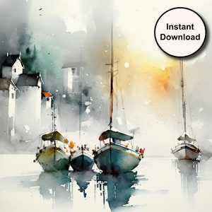 Watercolor Boats Print: Nautical River Town Art (Digital Download)