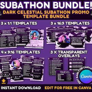 Dark Celestial Subathon Templates: Twitch Streamer Promo Bundle (Canva Editable)