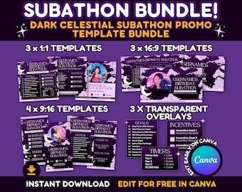 Subathon Social Media Vorlagen | Dark Celestial Night Subathon bearbeitbares Canva Promo-Bundle für Twitch Streamer | Sternenwolken | Live Stream