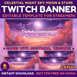 May include: Editable Twitch banner template featuring a purple and orange night sky with a large moon and stars. The banner includes the text "Twitch Username" and a space for a Discord server link. The banner is easily customizable in Canva.