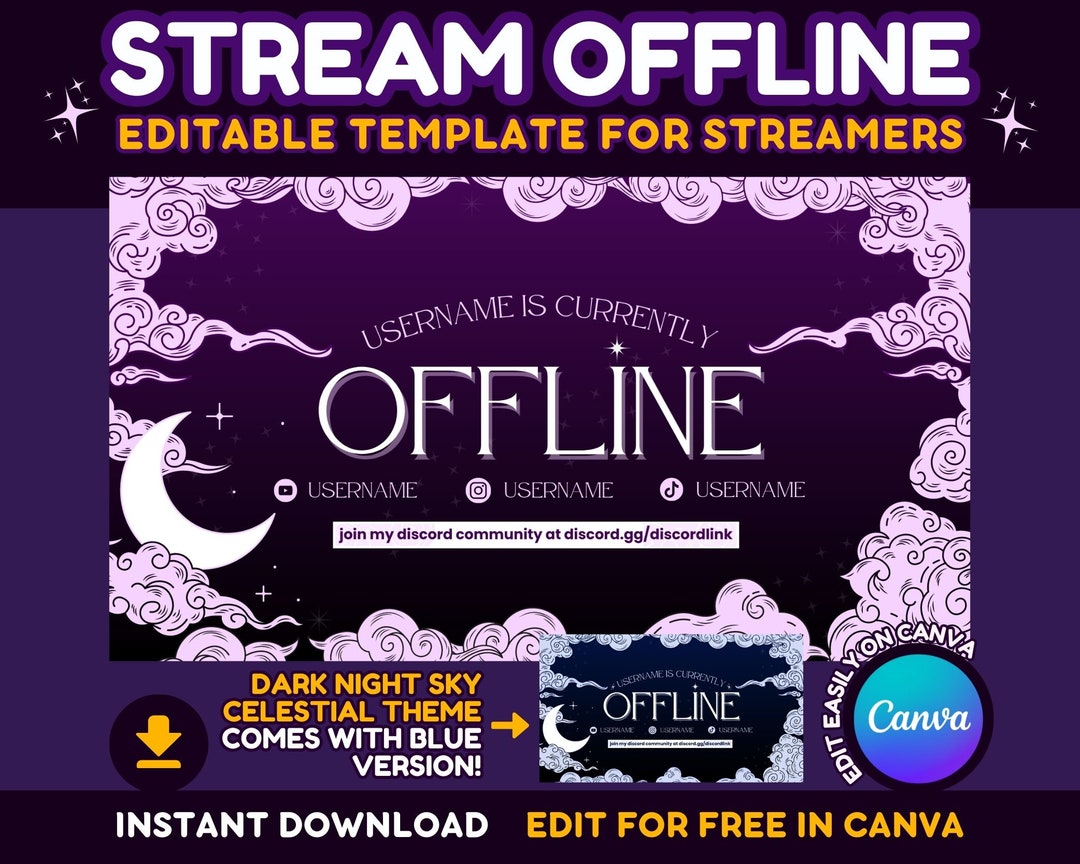Stream Twitch Offline Screen Canva Template - Editable - Dark Night ...
