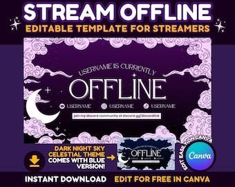 Streama Twitch Offline-skärm Canva-mall - Redigerbar - Mörk natt Himmelsk himmel Moln Stjärna Stream är offline Twitch-mall Nattstjärnor