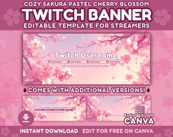 Twitch Banner Template | Cozy Sakura Pastel Editable Customizable Twitch Stream Header Banner for Canva - Cherry Blossom Cute Kawaii Sakura