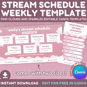 Pink Cloud Stream Schedule Template: Editable Weekly Planner (Canva)