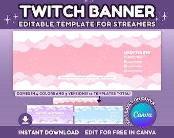 Twitch Banner Template | Cute Clouds Sparkles Editable Customizable Twitch Stream Header Banner for Canva - Pink Purple Pastel Kawaii Pastel