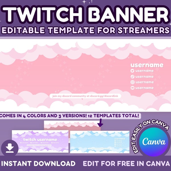 Twitch Banner Template | Cute Clouds Sparkles Editable Customizable Twitch Stream Header Banner for Canva - Pink Purple Pastel Kawaii Pastel