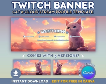 Twitch Banner Template - Cute Cat Clouds Editable Customizable Twitch Stream Header Banner for Canva - Sunrise Sunset Kitty Stream Banner
