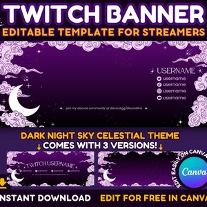 Celestial Twitch Banner Template: Dark Night Sky, Editable in Canva (Digital Download)