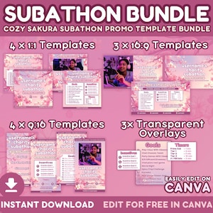 Paquete de plantillas de Canva para redes sociales de Cozy Sakura Subathon / Plantilla de transmisión en vivo de Twitch para subatón / Personalizable / Flor de cerezo rosa