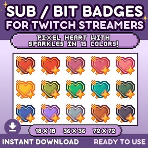Pixel Heart Sparkles Sub Badges for Twitch - Twitch Bit Badges - Subscriber Badges - Cute Retro Pixel Art Y2K Heart with Sparkles Kawaii