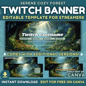 Puede incluir: Una plantilla de banner de Twitch verde y azul con una escena de bosque y el texto "Twitch Username" y "EASILY EDIT ON CANVA".