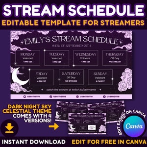 Dark Night Sky Stream Schedule Template: Editable Celestial Design (Canva, Digital Download)