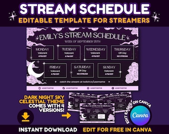 Weekly Stream Schedule Template - Dark Night Sky Star Stream Schedule Editable Canva Template For Streamers - Live Stream Schedule Twitch