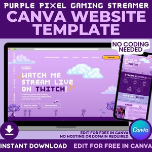 Purple Pixel Gaming Website Template: Streamer Canva Site (Digital Download)