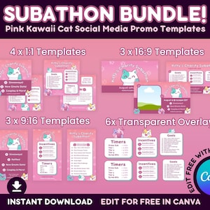 Pink Cat Subathon Canva Template: Kawaii Kitty Streamer Social Media Bundle (Digital Download)