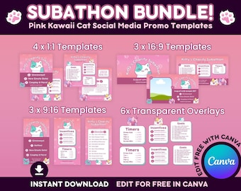 Pink Cat Subathon Social Media Canva Template Bundle | Cute Kitty Gaming Theme For Twitch Gaming Streamers | Customizable | Instant Download