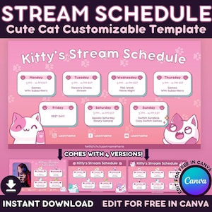 Sjabloon Pink Cat Stream-schema: Kawaii Twitch-ontwerp (canva bewerkbaar, digitale download)