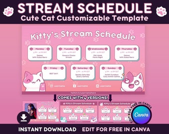 Plantilla de horario de transmisión de Pink Cat / Plantilla kawaii editable para horario de transmisiones en vivo de Twitch en Canva / Descarga instantánea y personalizable