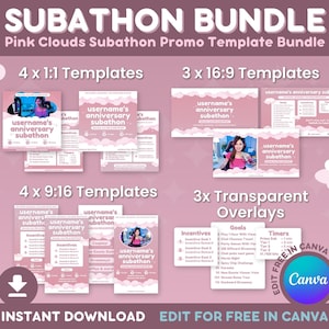 Pink Cloud Subathon Canva Template Bundle: Social Media Streamer (Digital Download)