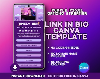 Link In Bio Template | Purple Pixel Gaming Canva Website Template For Live Streamers Gamers Creators Esports | Editable Link In Bio Page