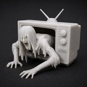 May include: A white sculpture of a vintage television set with a figure emerging from the screen. The figure has long hair and is reaching out with its hands. The sculpture is set against a dark background.
