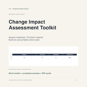 May include: A digital document titled Change Impact Assessment Toolkit by Palmetto Ridge Studio. It includes a Microsoft Excel toolkit, an assessment table with data columns for impacts and readiness, and a note about a blank toolkit and PDF guide.