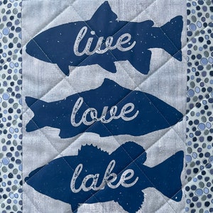 Fish - live love lake - quilted wall hanging in blue