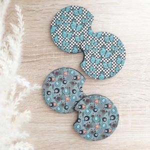 Car Coasters | Cute Car Coasters | Checkered Car Coasters | Set of 2 Car Coasters | Cup Holder Accessories | Car Accessories