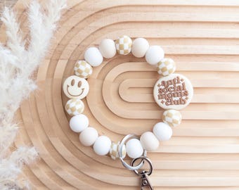 Silicone Beaded Wristlet Keychain, Smiley Face, Checkered Print, Checkered Keychain, Boho Wristlet, Boho Keychain