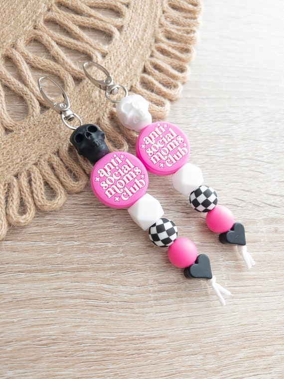 Keychains | Mom Keychains | Anti Social Moms Club | Hot Pink Keychains Skull Keychains | Silicone Keychains | Gifts For Her | Checker Print