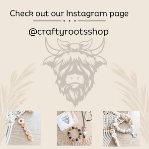 May include: A collage of three images featuring handmade beaded necklaces and keychains. The first image shows a wooden keychain with the word "Mom" spelled out in beads. The second image shows a beaded necklace with a black and white cow charm. The third image shows a white beaded keychain with a smiley face charm. The text "Check out our Instagram page @craftyrootsshop" is at the top of the image.