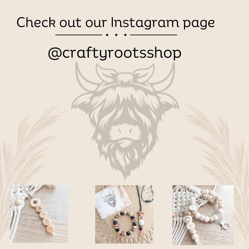 May include: A collage of three images featuring handmade beaded necklaces and keychains. The first image shows a wooden keychain with the word "Mom" spelled out in beads. The second image shows a beaded necklace with a black and white cow charm. The third image shows a white beaded keychain with a smiley face charm. The text "Check out our Instagram page @craftyrootsshop" is at the top of the image.
