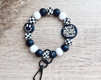 Silicone Beaded Wristlet Keychain | Smiley Face, Checkered