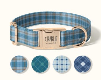 May include: Blue plaid dog collar with a gold-colored buckle. The buckle is engraved with the name "Charlie" and a phone number. Four circular fabric samples with different plaid patterns are displayed below the collar.