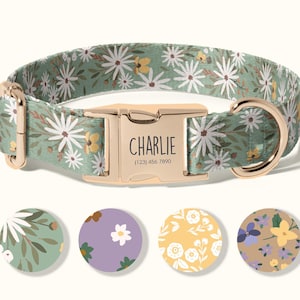 Personalized Dog Collar with Custom Engraved ID, Adjustable Floral Fabric Collar for Dogs, Durable Pet Collar with Engraving(SD-014) image 1