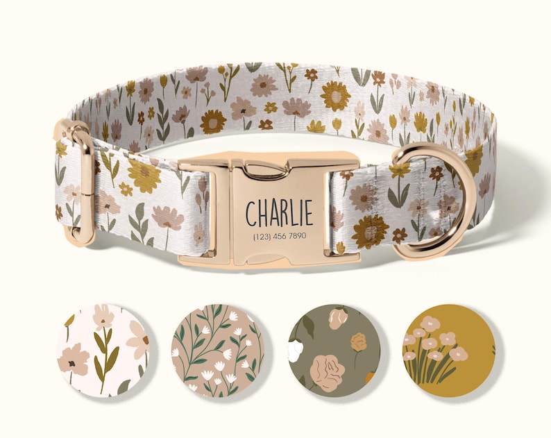 Personalized Dog Collar, Custom Engraved Dog Collar, Adjustable Floral Design, Durable and Stylish, Name and Phone Number Included.(SD-007) image 1