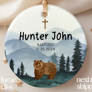 Personalized Boys Christening Ornament - Name + Date Custom Baptism Ornament - Bear Christened Ornament Keepsake XM-292