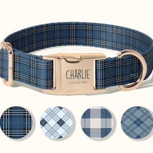 May include: A blue plaid dog collar with a gold-colored buckle. The buckle is engraved with the name "Charlie" and a phone number. Four circular fabric samples with different plaid patterns are below the collar.