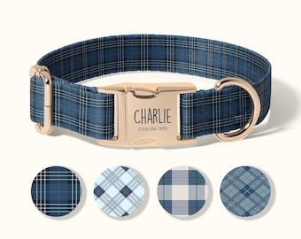 Personalized Dog Collar, Custom Engraved Dog Collar, Adjustable Plaid Pattern, Durable Pet Name Tag, ID Tag Included(SD-035)