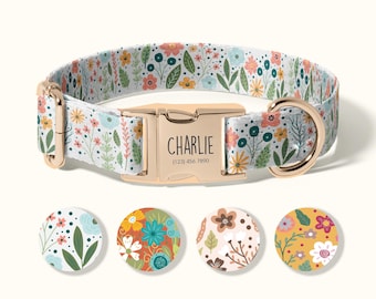 May include: A white pet collar with a colorful floral pattern featuring pink, orange, and blue flowers with green leaves. It has a rose gold metal buckle engraved with the name CHARLIE and the phone number (123) 456 7890, plus four circular pattern swatches.