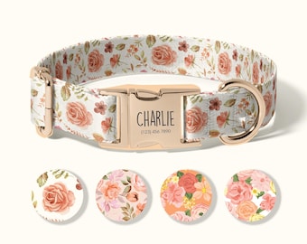 Personalized Dog Collar, Custom Engraved Dog Collar, Adjustable Floral Dog Collar with Metal Buckle, Durable Pet Name Collar(SD-106)