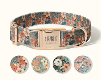 Personalized Dog Collar, Custom Engraved Pet Name and Phone, Adjustable Floral Design Dog Collar, Unique Puppy Collar for All Breeds(SD-069)