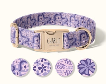 Personalized Dog Collar, Custom Engraved Dog Collar with Name and Phone Number, Durable Adjustable Pet Collar with Floral Pattern.(SD-065)