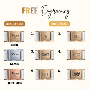 a collection of personalized buckle options for a strap, each with a different name engraved on it. The buckle options include "Name", "Lily", "Bella", "Cooper", "Gus", "Stella", and "Milo". The buckle options are presented in a grid format, with each option having a corresponding name and a unique number. The image does not contain any text that is too long or too vague, and it does not describe each individual buckle separately.