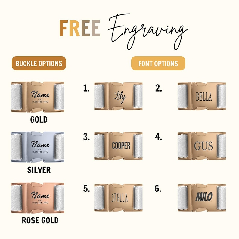 a collection of personalized buckle options for a strap, each with a different name engraved on it. The buckle options include "Name", "Lily", "Bella", "Cooper", "Gus", "Stella", and "Milo". The buckle options are presented in a grid format, with each option having a corresponding name and a unique number. The image does not contain any text that is too long or too vague, and it does not describe each individual buckle separately.