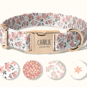 May include: A floral dog collar with a gold-colored buckle. The collar features a white background with pink flowers and green leaves. The buckle is engraved with the name "Charlie" and a phone number. Four circular design samples are shown below the collar.